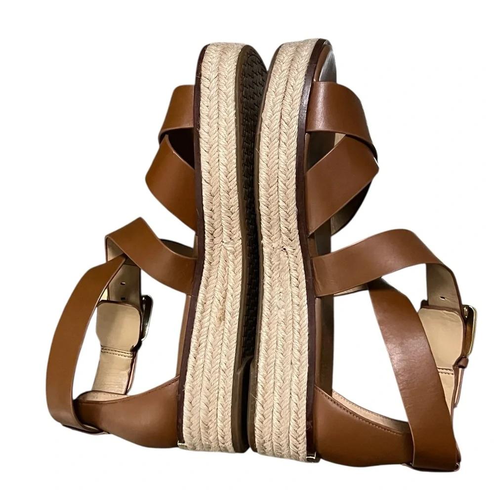 MICHAEL Michael Kors Tan Leather Espadrille Sandals with Gold Buckle